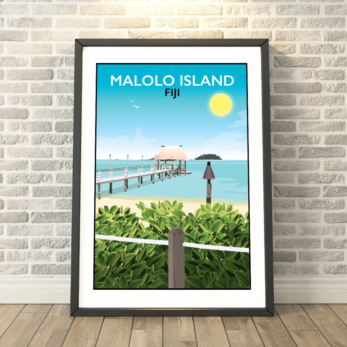 Malolo Island Fiji Vintage Beach Travel Poster Tropical Pier Art