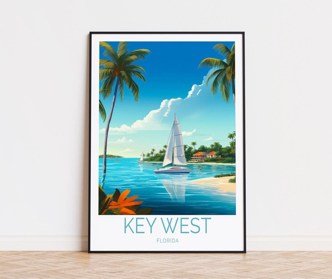 Key West Florida Sailboat Palms Island Harbor Retro Travel Poster