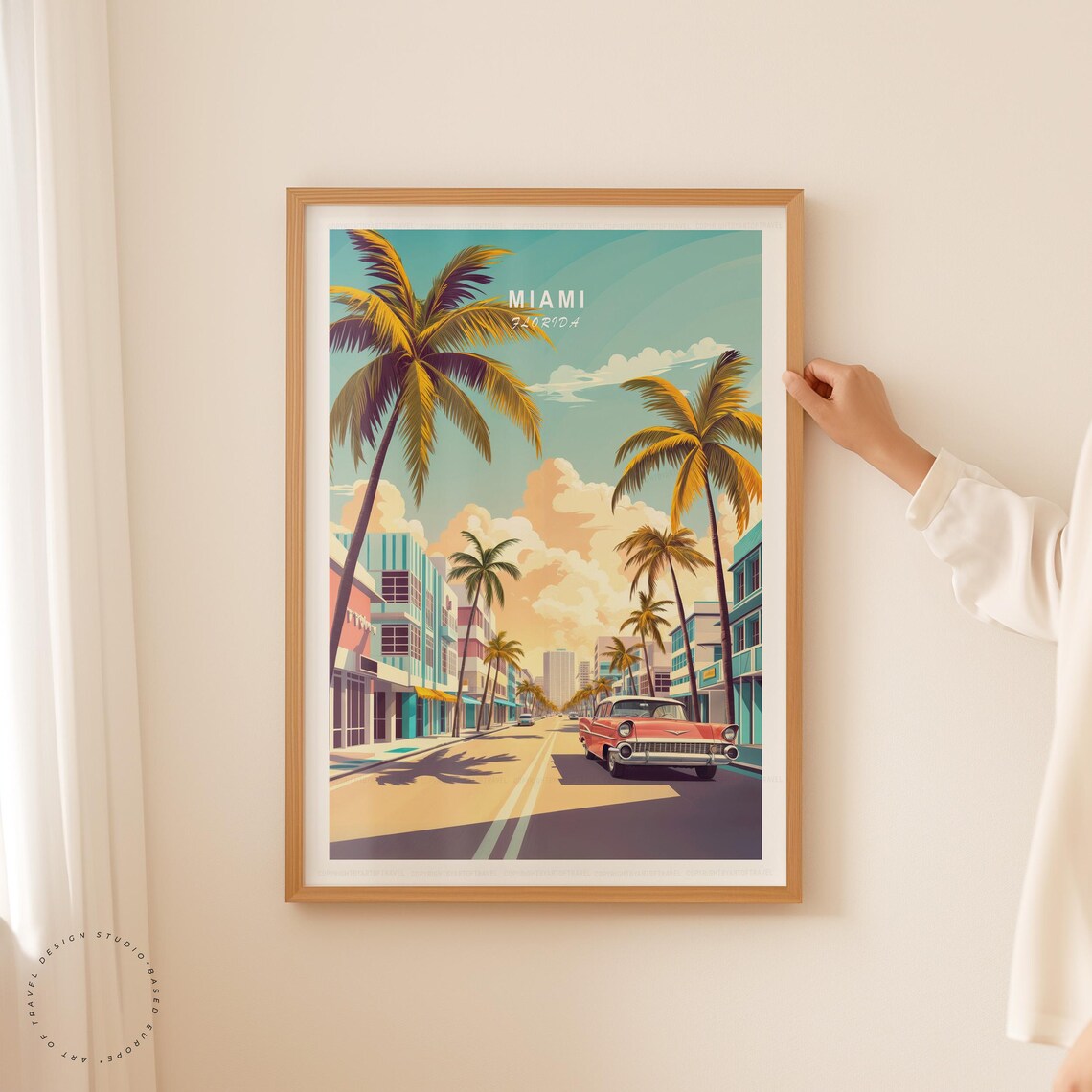 Miami Florida Sunset Palm Avenue Retro Vintage Car Travel Poster - Image 5