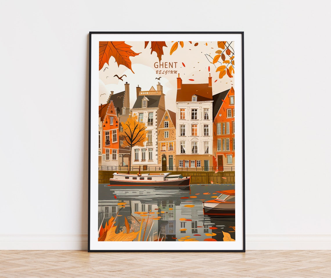 Ghent Belgium Canal Houseboats Autumn Foliage Reflections Poster