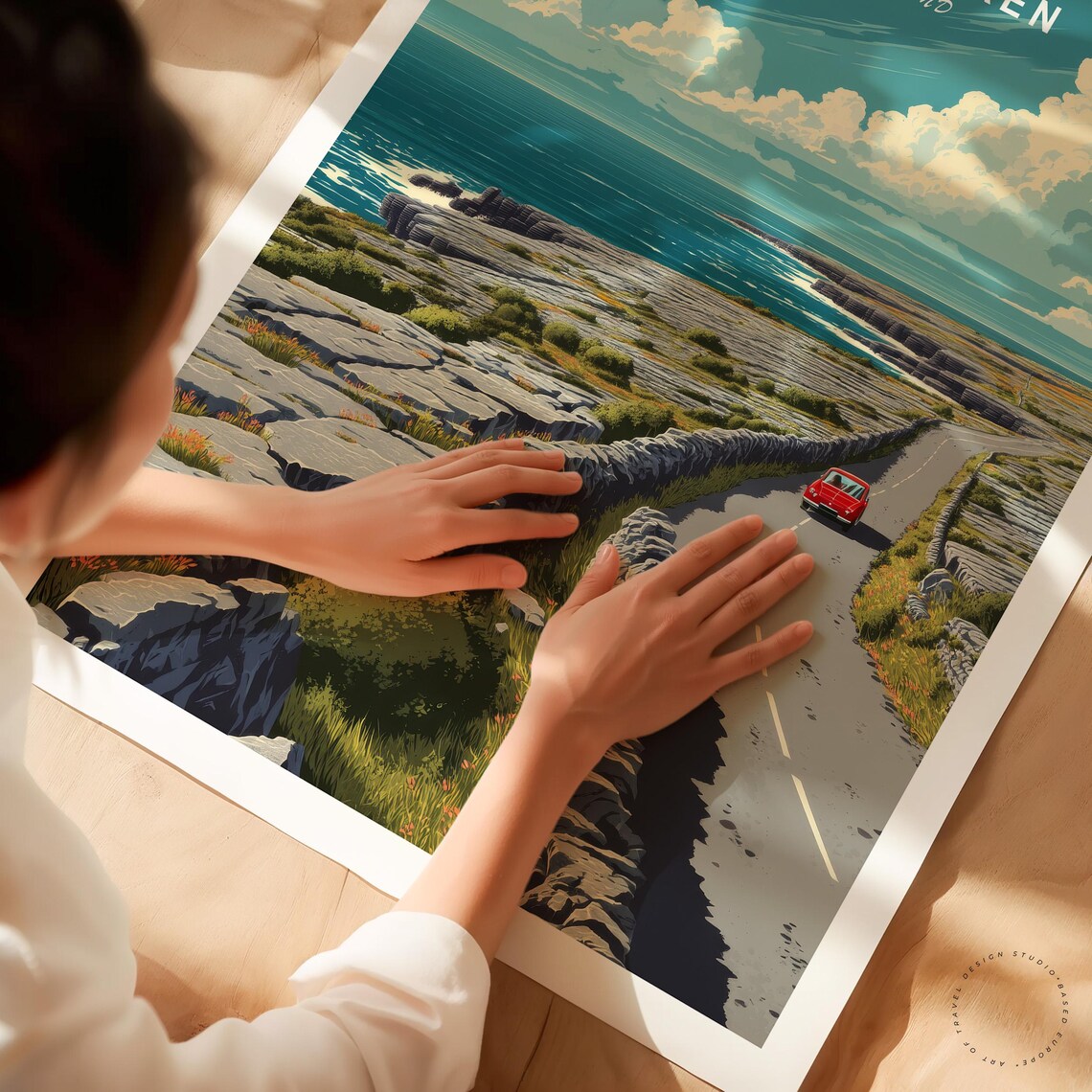 The Burren Ireland Limestone Coast Road Red Car Scenic Travel Poster - Image 3