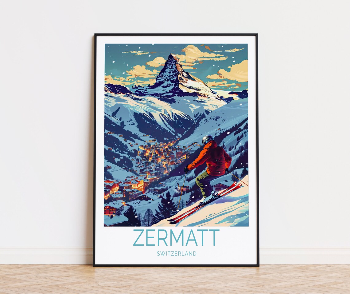 Zermatt Switzerland Travel Poster, Winter Landscape