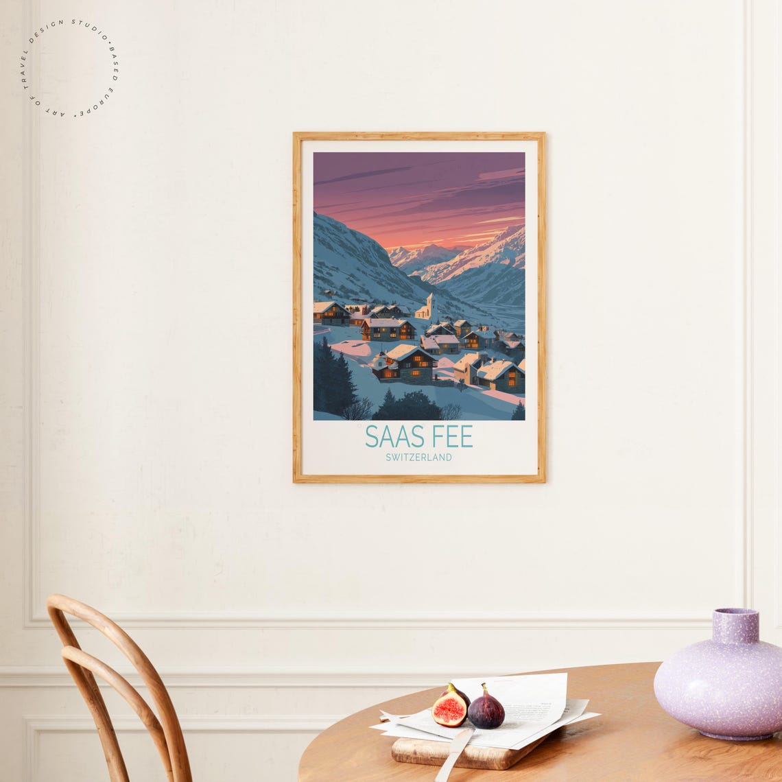 Saas Fee Switzerland Snowy Chalets Glowing Windows Sunset Poster - Image 4