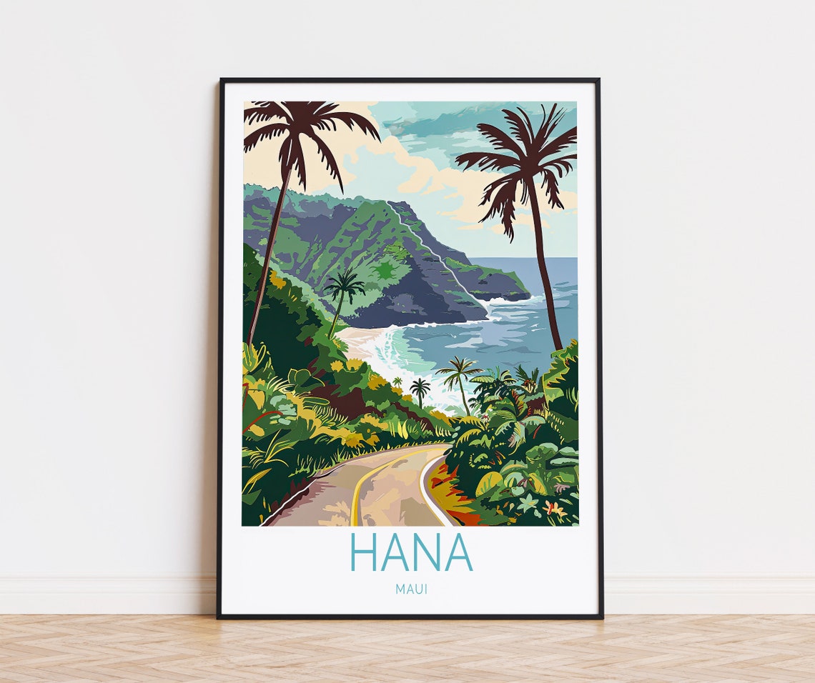 Hana Maui Hawaii Tropical Coastal Road Lined With Palm Trees Poster