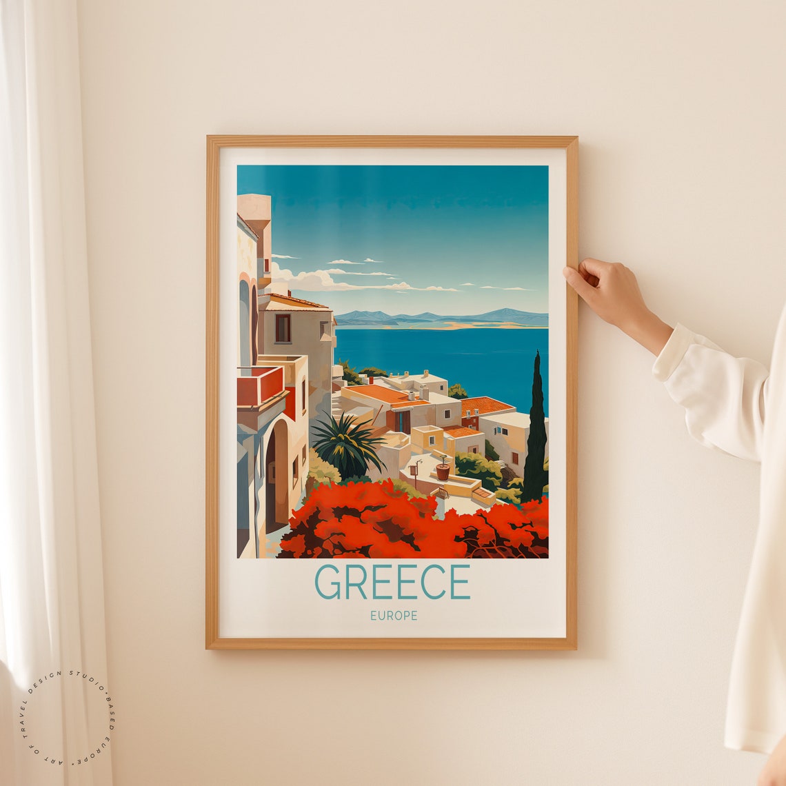 Greece Aegean Coastal Town With Red Bougainvillea In Bloom Poster - Image 2