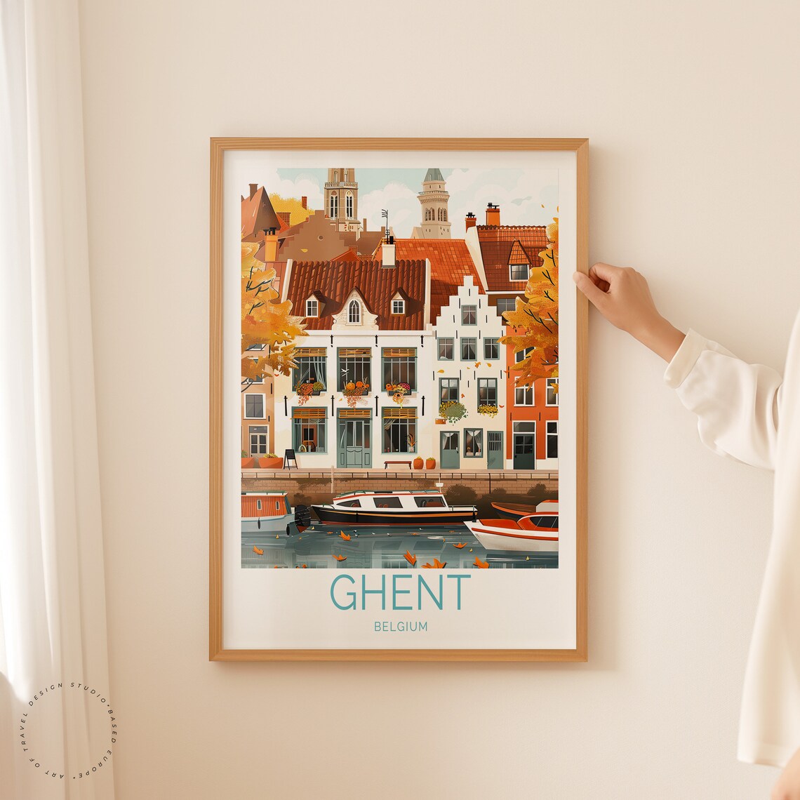 Ghent Belgium Autumn Canal Gabled Houses Falling Leaves Travel Poster - Image 2