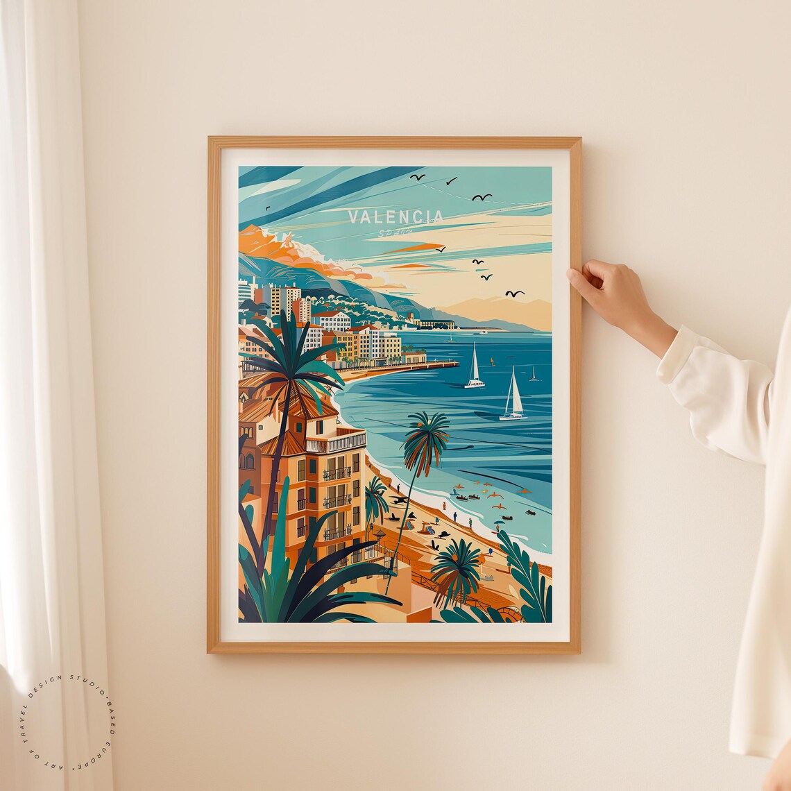 Valencia Spain Sunny Beach Coast Palms Sailboats Travel Poster - Image 2