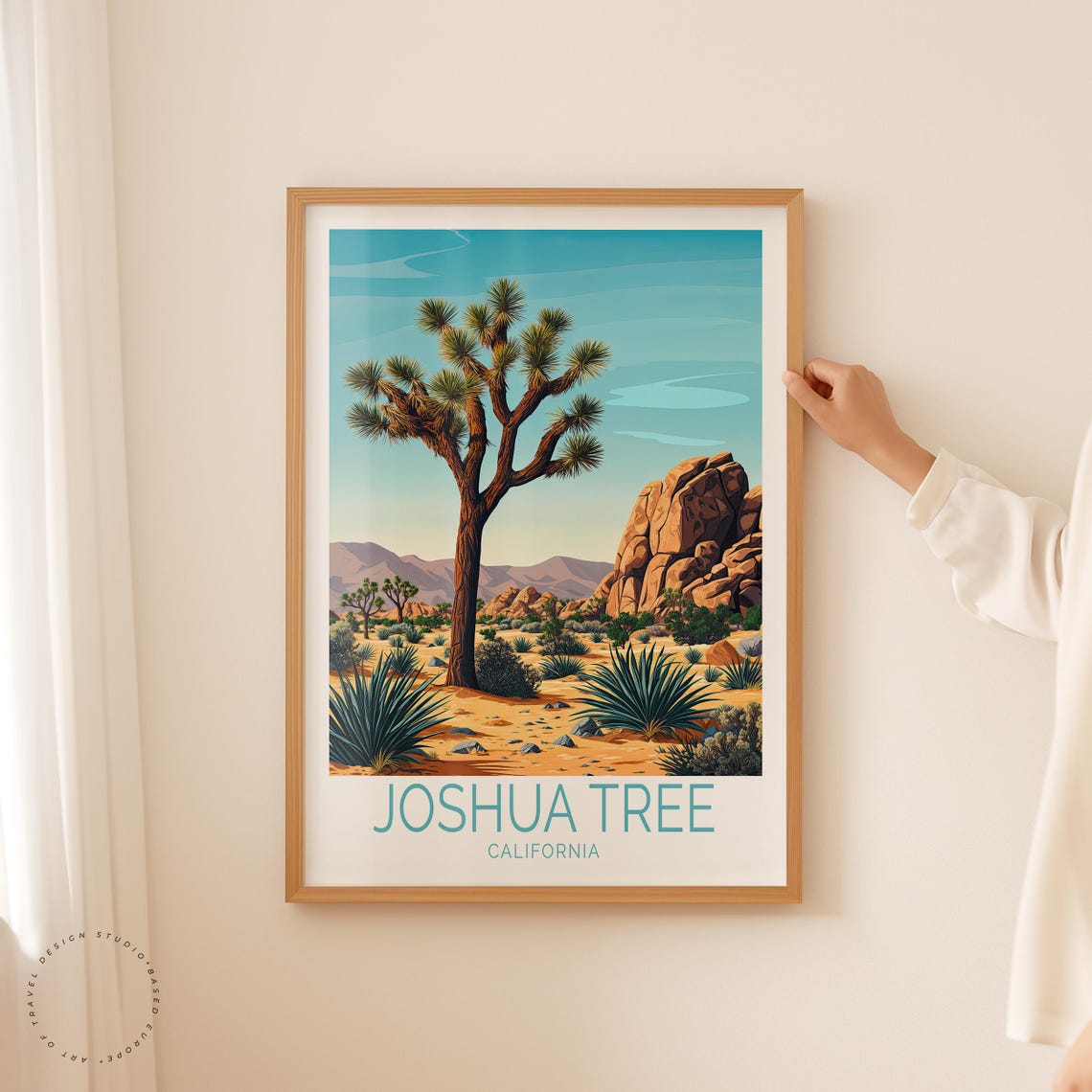 Joshua Tree Desert Scene Golden Boulders With Caption Below Poster - Image 2