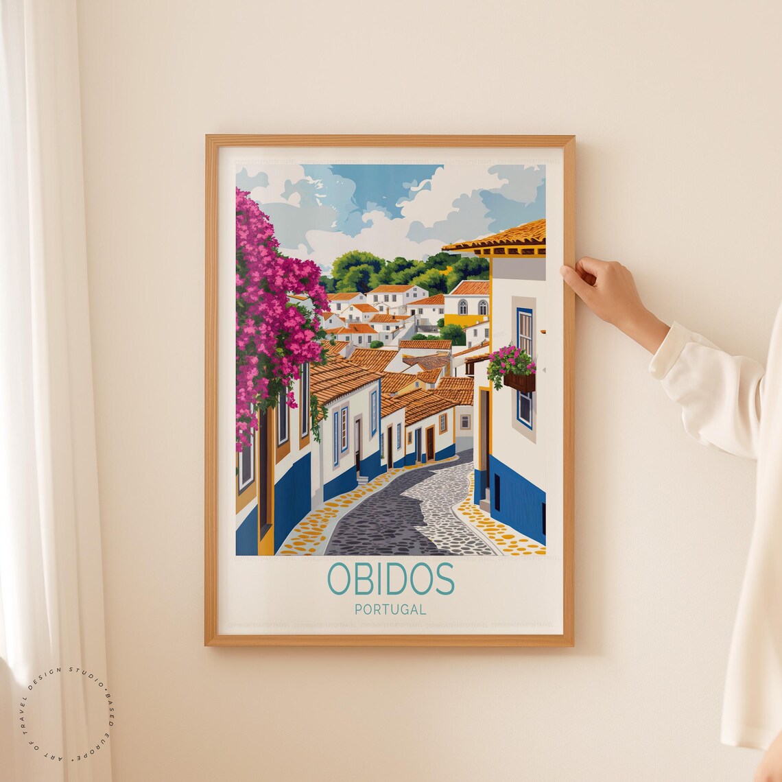 Obidos Portugal Cobblestone Street Blue Trim Houses Travel Art Poster - Image 5