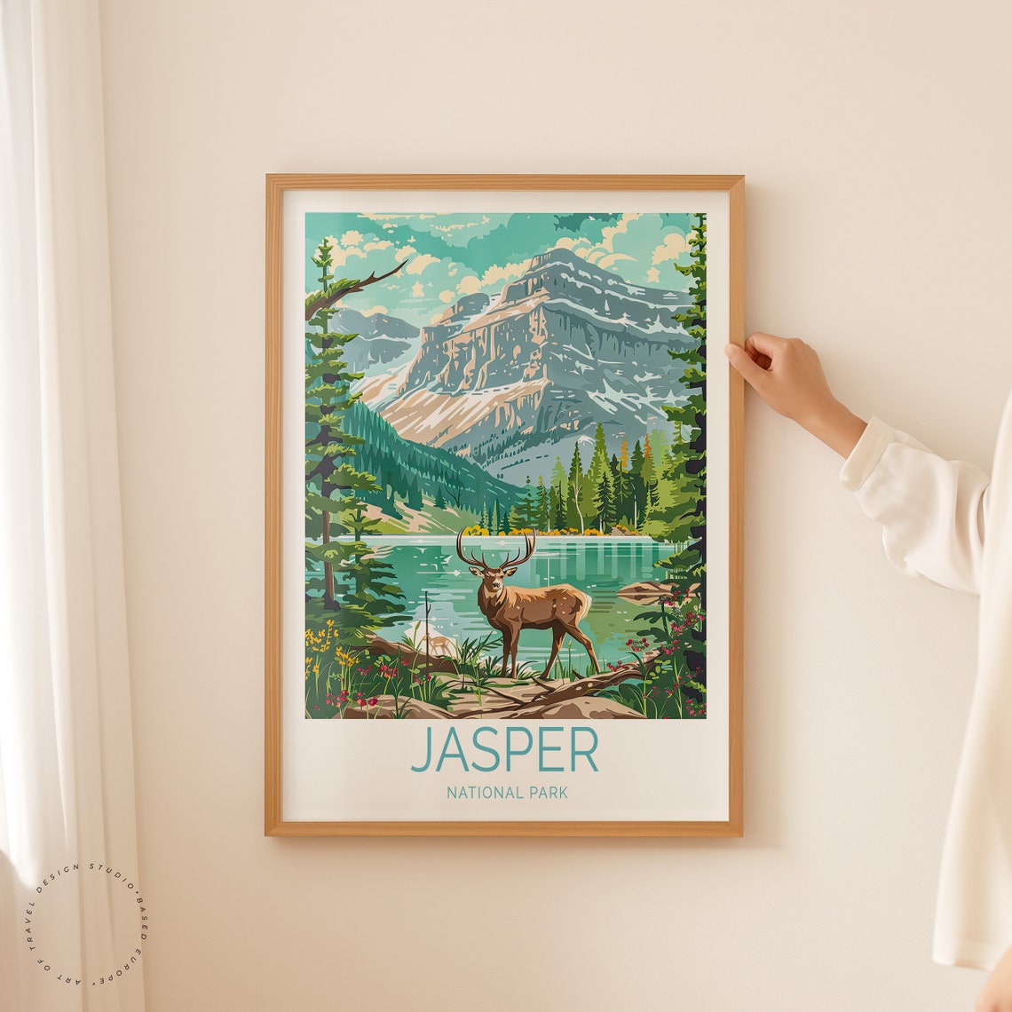Jasper National Park Canada Elk Alpine Lake Bottom Title Poster - Image 2