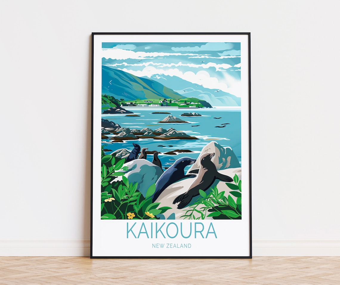 Kaikoura New Zealand Fur Seals Rocky Coast Wildlife Scene Poster