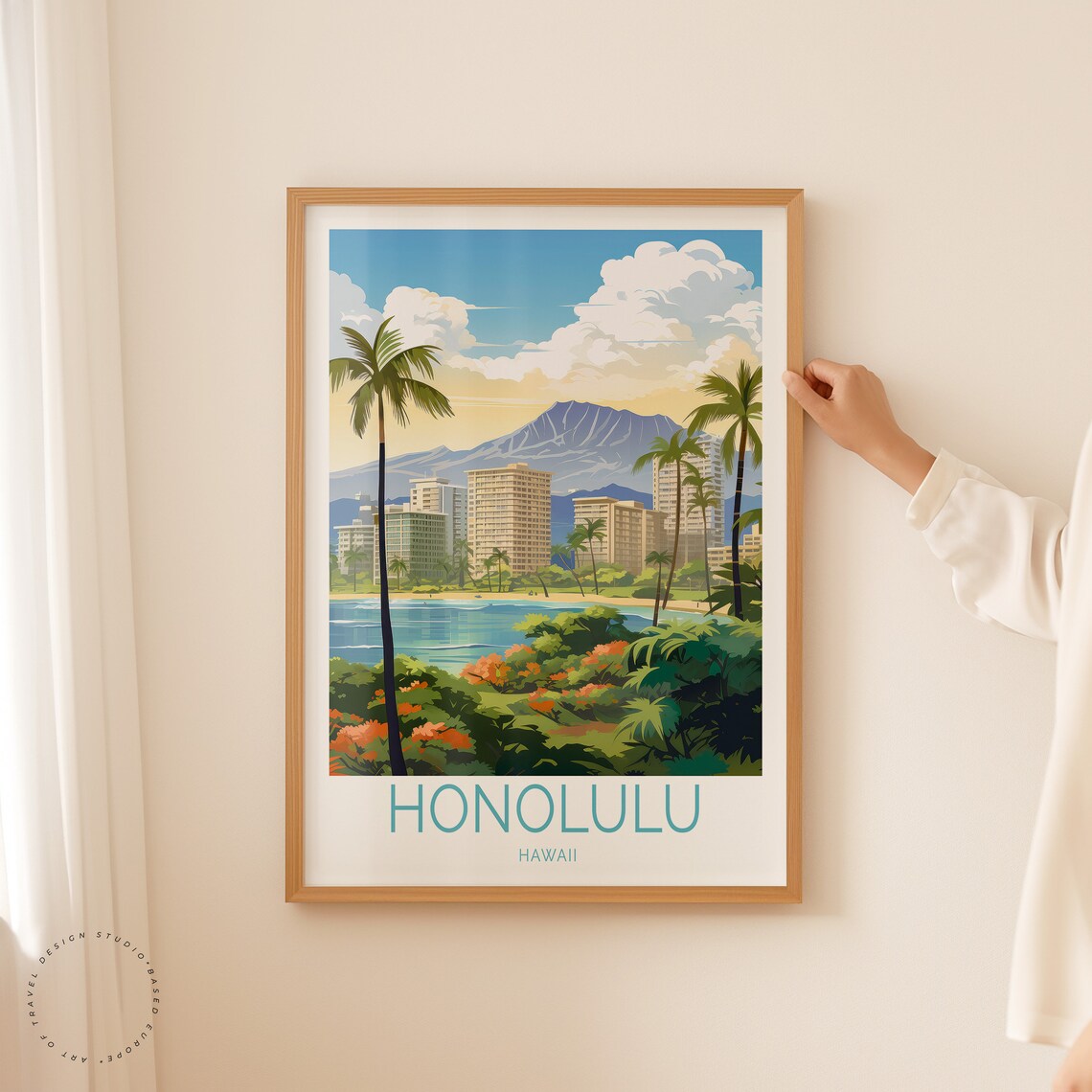 Honolulu Hawaii Tropical Skyline Palms Ocean View Travel Poster - Image 2