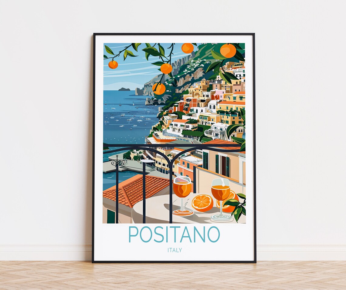Positano Italy Travel Poster, Coastal Wall Art Decor