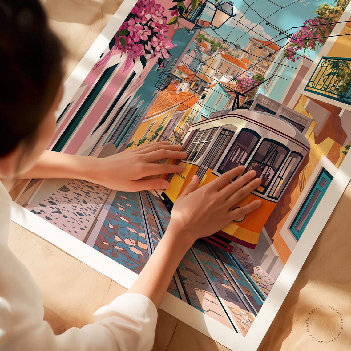 Lisbon Portugal Yellow Tram Cobblestone Street Flowers Travel Poster - Image 3