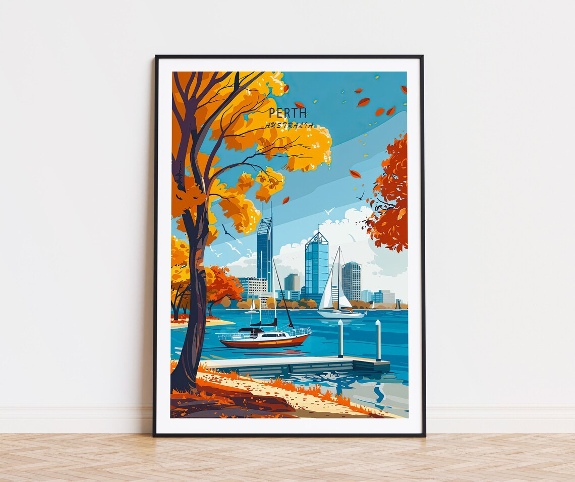 Perth Australia Swan River Sailboats in Autumn Foliage Poster