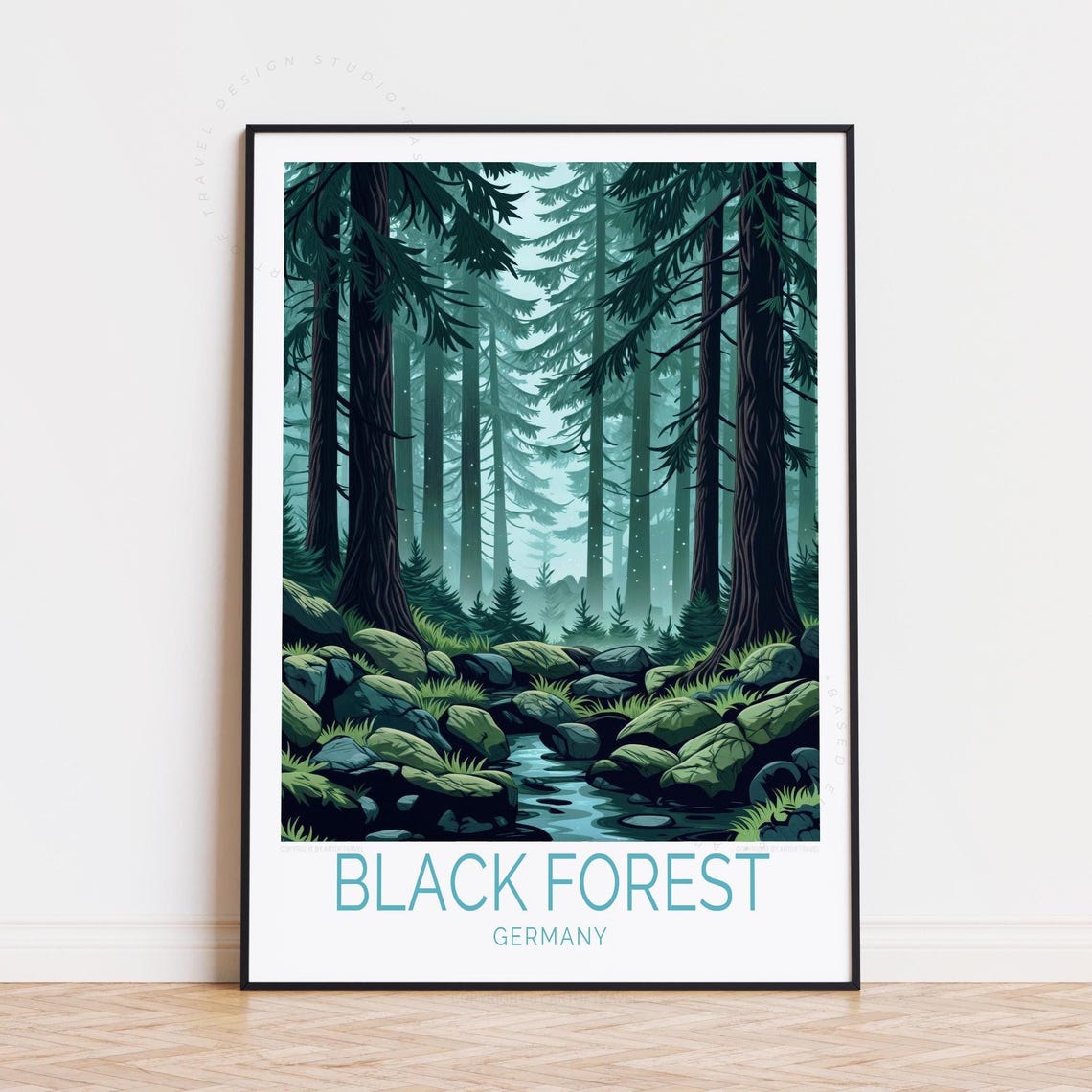 Black Forest Germany Mossy Rock Stream Misty Pine Forest Poster