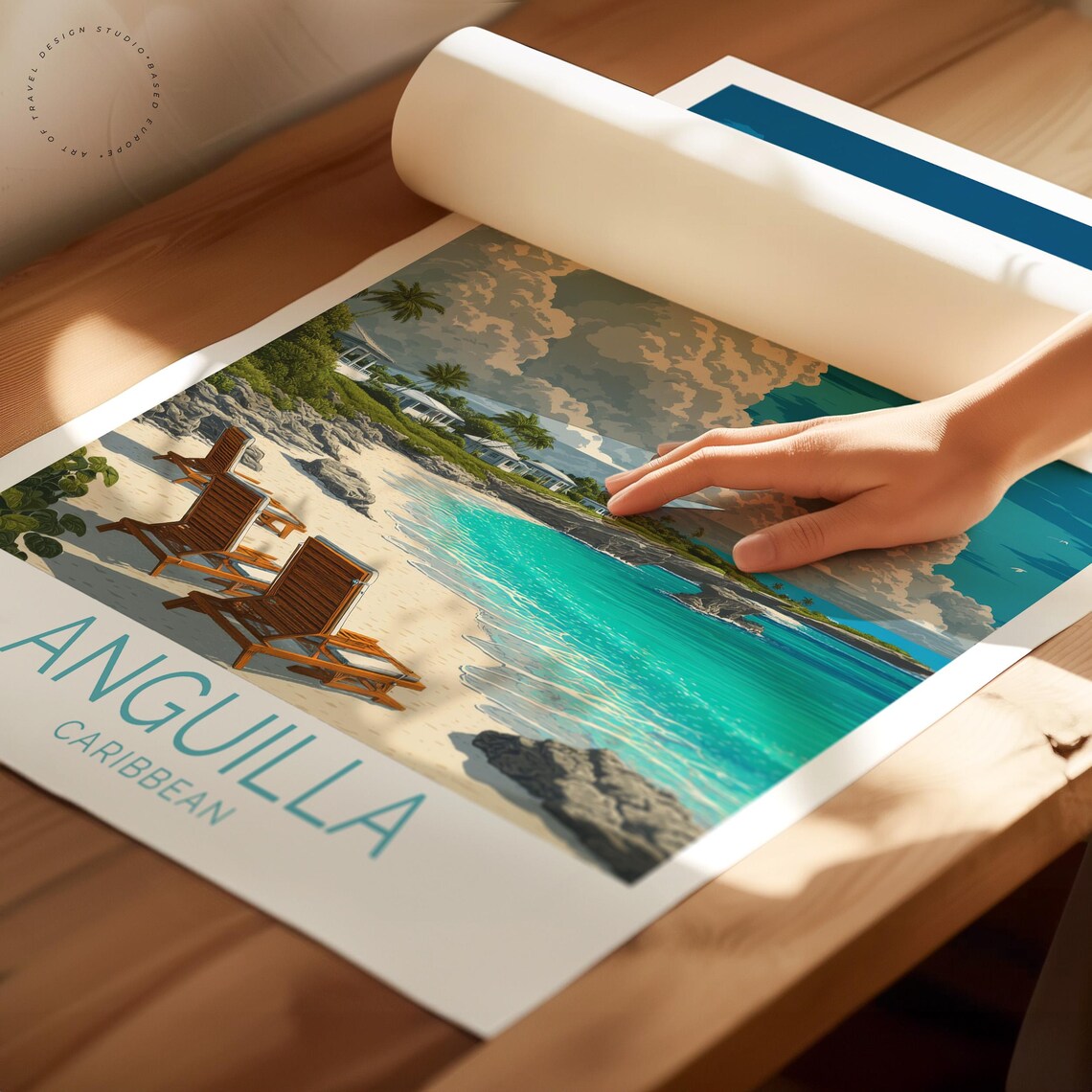 Anguilla Caribbean Beach Lounge Chairs Turquoise Sea Travel Poster - Image 2