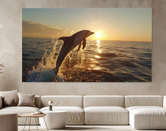 Dolphin Leaping At Golden Sunset Ocean Splash Sea Nature Poster