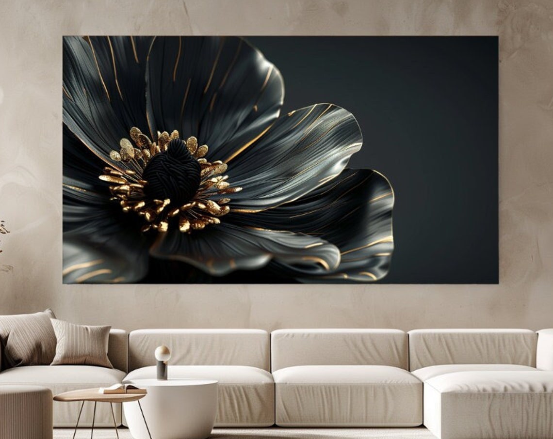 Black Flower Gold Accent Luxury Dark Floral Macro Wall Art Poster