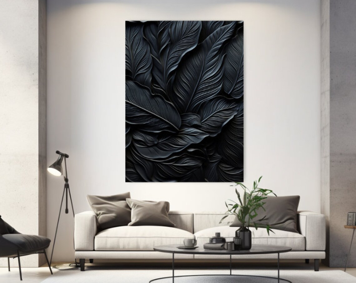 Black Textured Tropical Leaves Dark Botanical Modern Art Poster