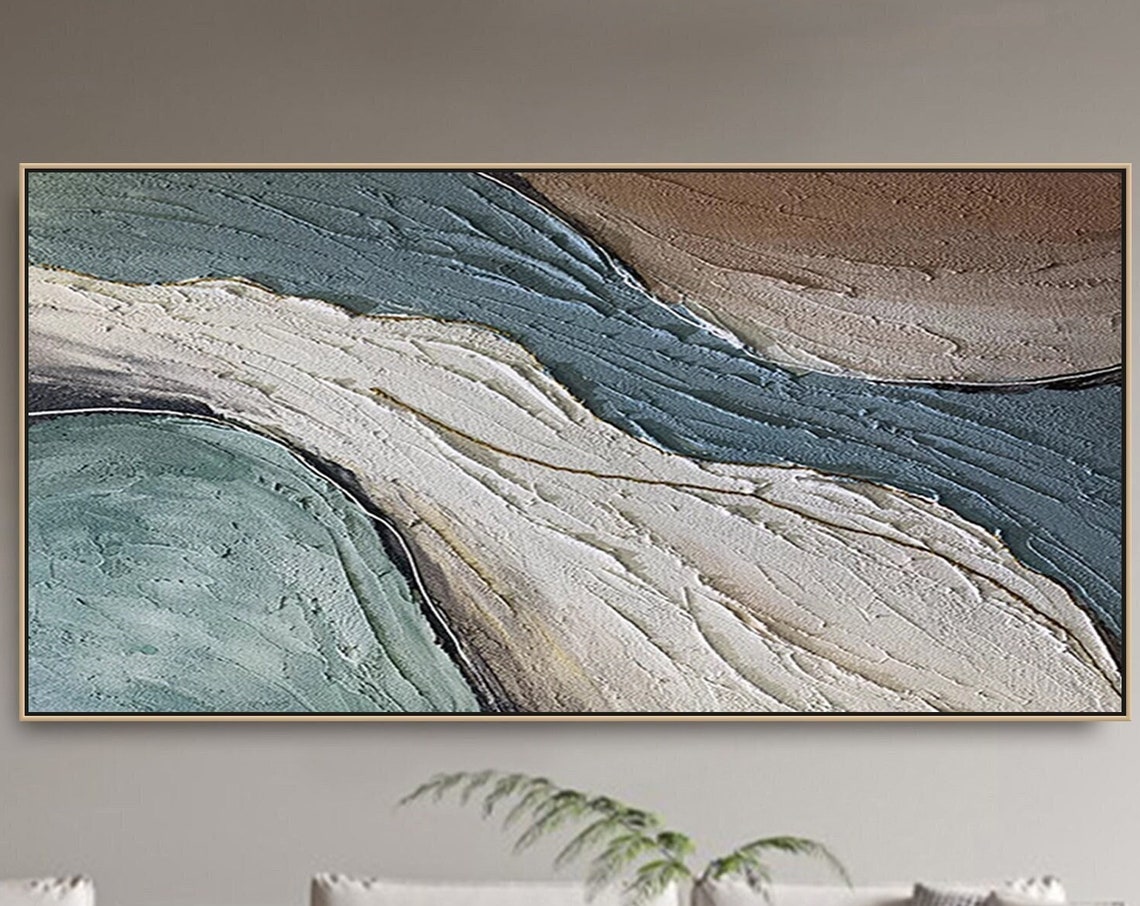 Teal Green Ivory Abstract Wave Textured Wabi Sabi Coastal Art Poster