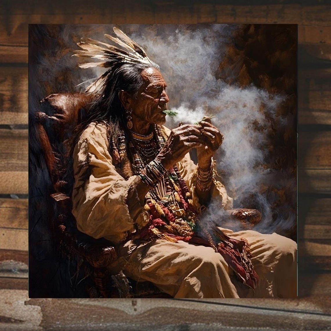 Elder Shaman Smudging Sage Portrait Native Wisdom Art Poster