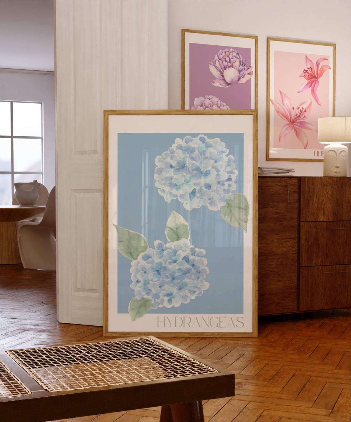 Blue Hydrangeas Watercolor Floral Coastal Botanical Art Poster