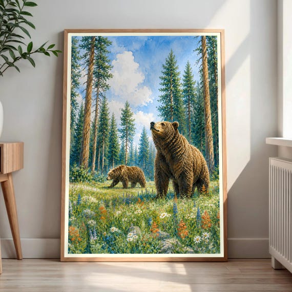 Bear Wall Art Print Forest Meadow Bears Wildflower Nature Decor Woodland Animal Painting
