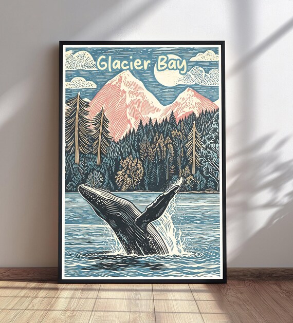 Glacier Bay Humpback Whale Breaching Vintage Woodcut Travel Poster
