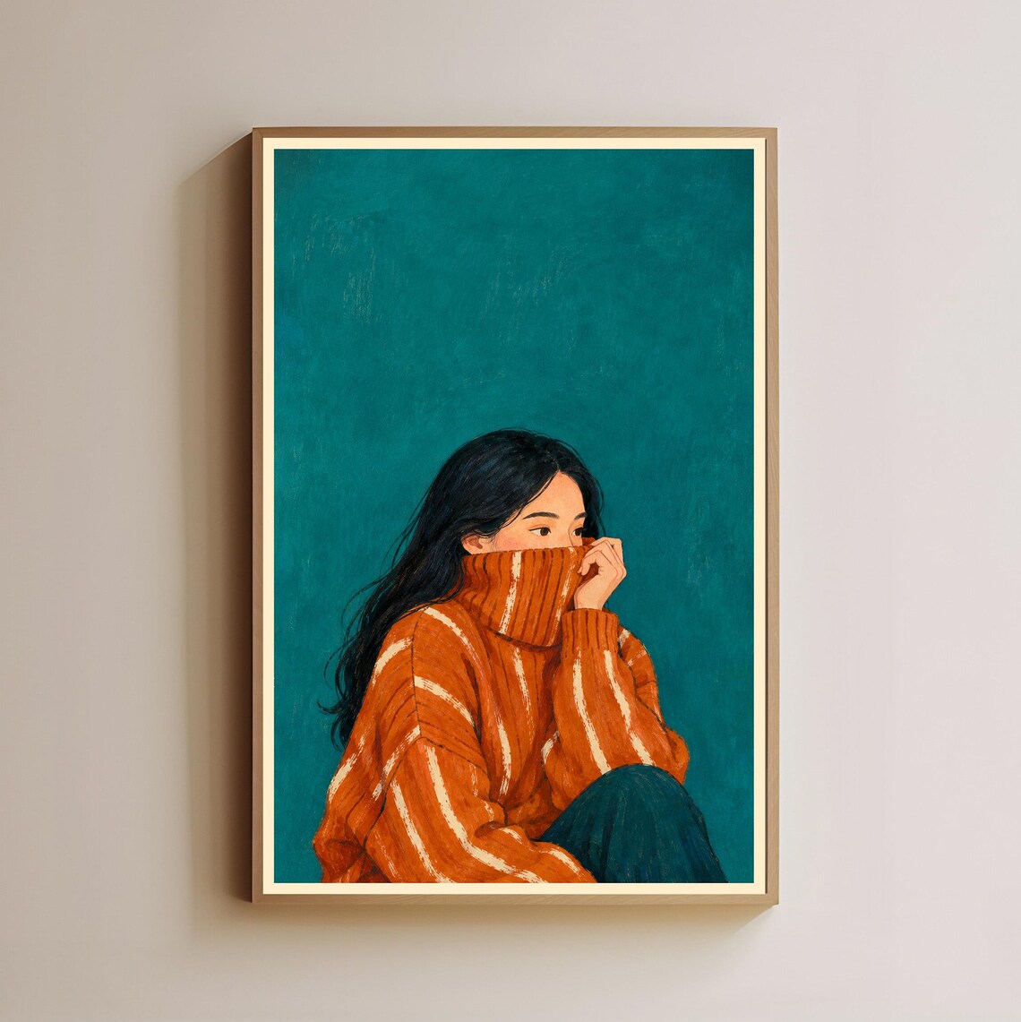 Girl Orange Striped Sweater Teal Background Fashion Portrait Poster
