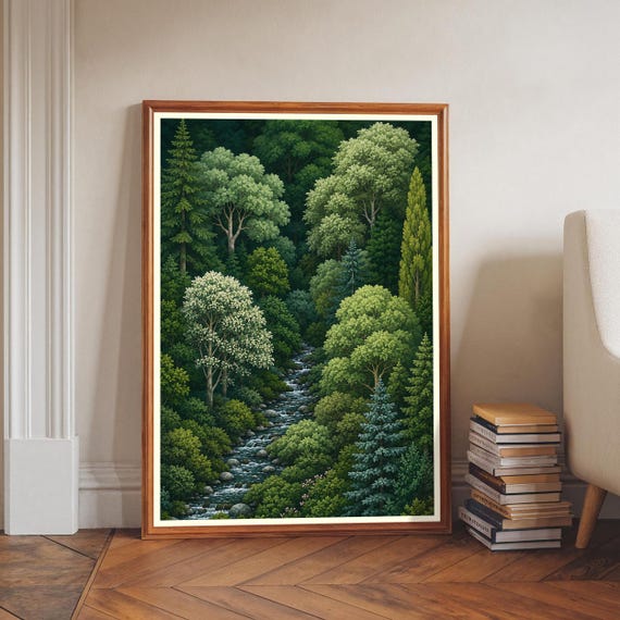 Forest Landscape Print Lush Green River Wall Art Serene Nature Poster Botanical Decor