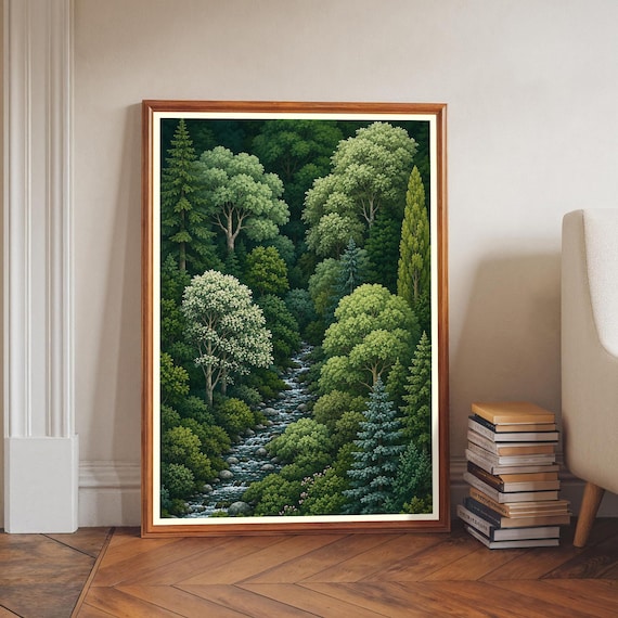 Lush Green Forest Stream Peaceful Woodland Landscape Art Poster