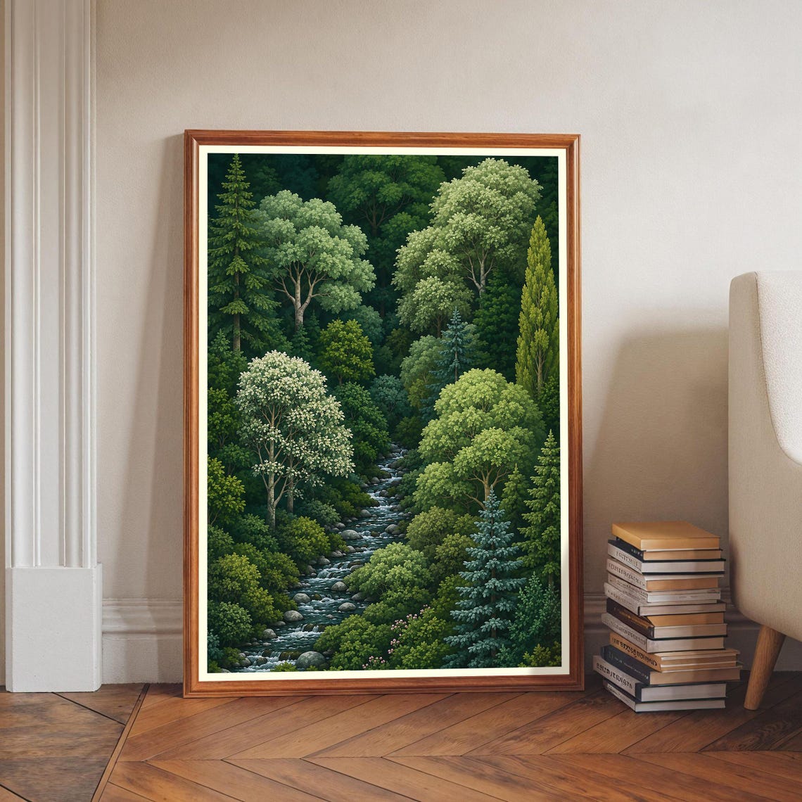 Lush Green Forest Stream Peaceful Woodland Landscape Art Poster