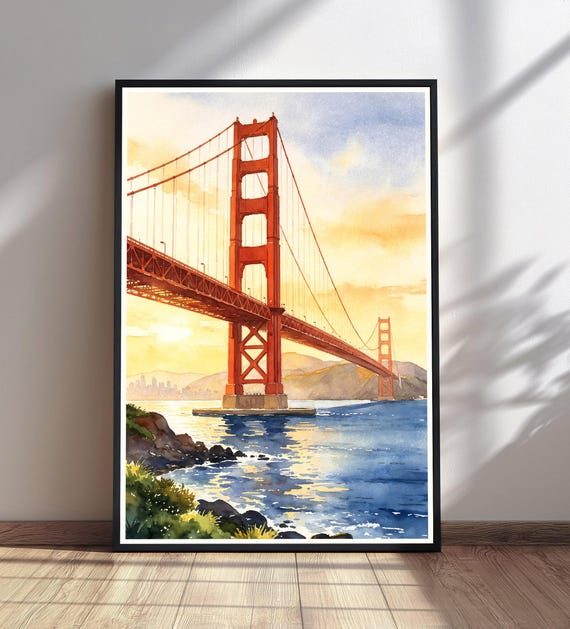 Golden Gate Bridge Print San Francisco Sunset Wall Art California Cityscape Painting Bay Area Decor