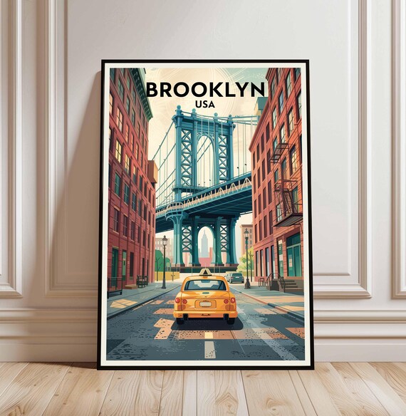 Brooklyn USA Manhattan Bridge Yellow Cab Vintage Travel Poster