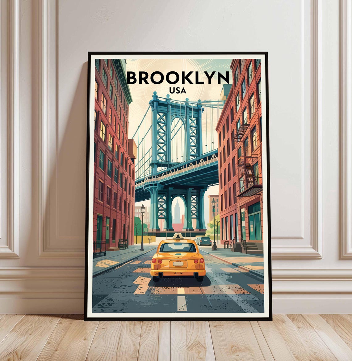 Brooklyn USA Manhattan Bridge Yellow Cab Vintage Travel Poster