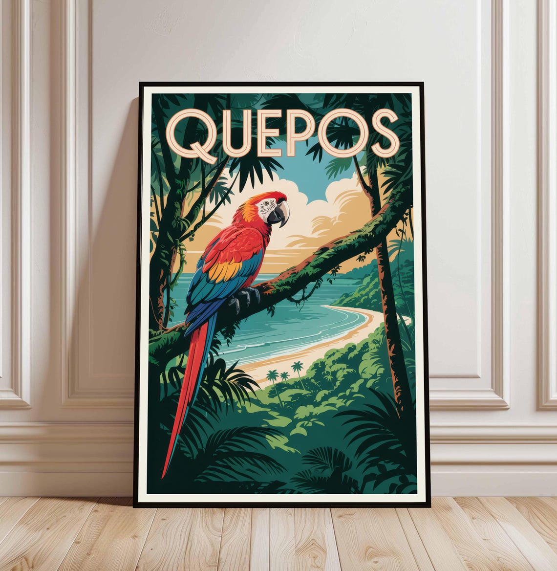 Quepos Costa Rica Macaw Tropical Beach Vintage Travel Poster