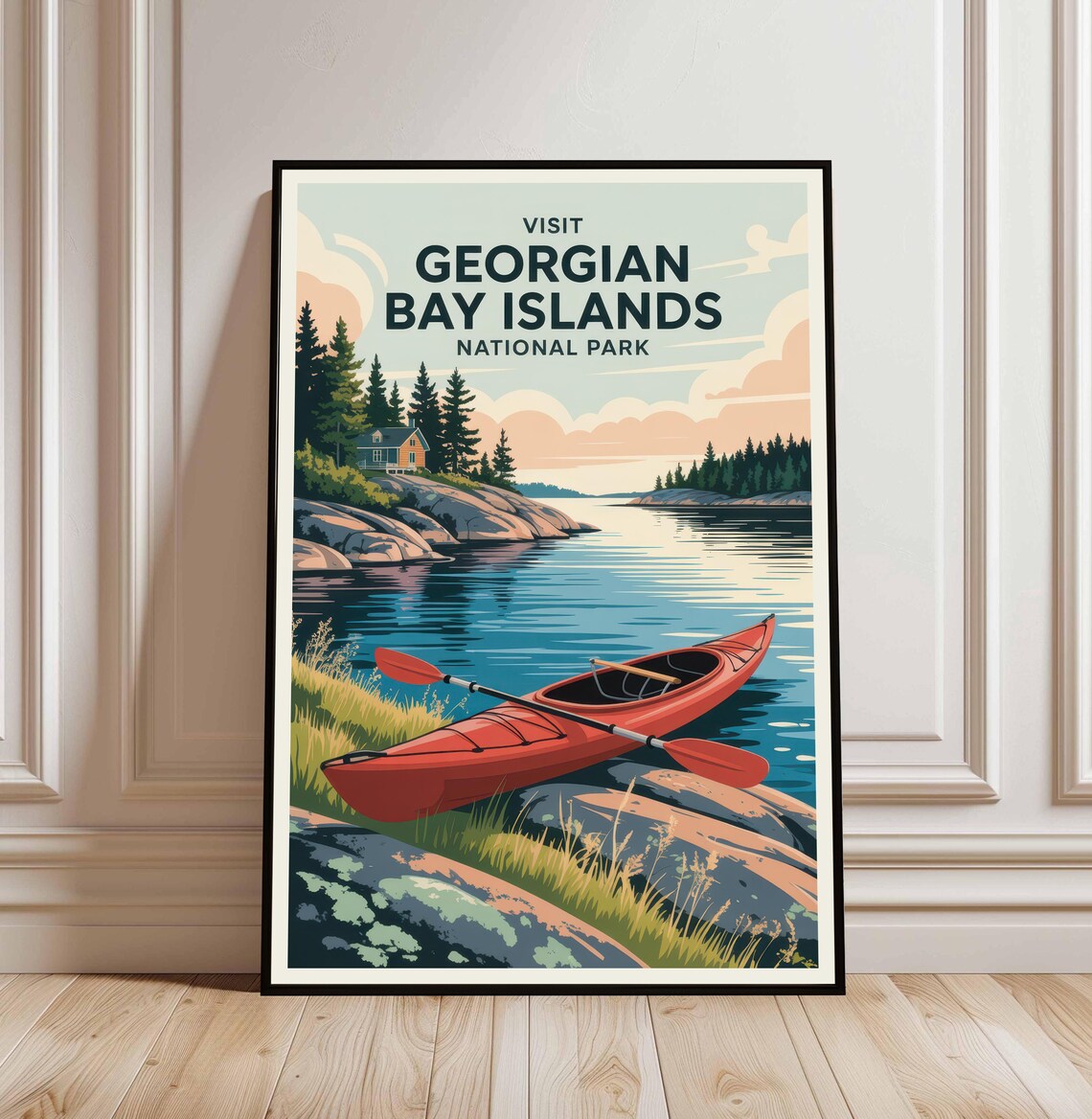 Georgian Bay Islands National Park Retro Travel Red Kayak Lake Poster
