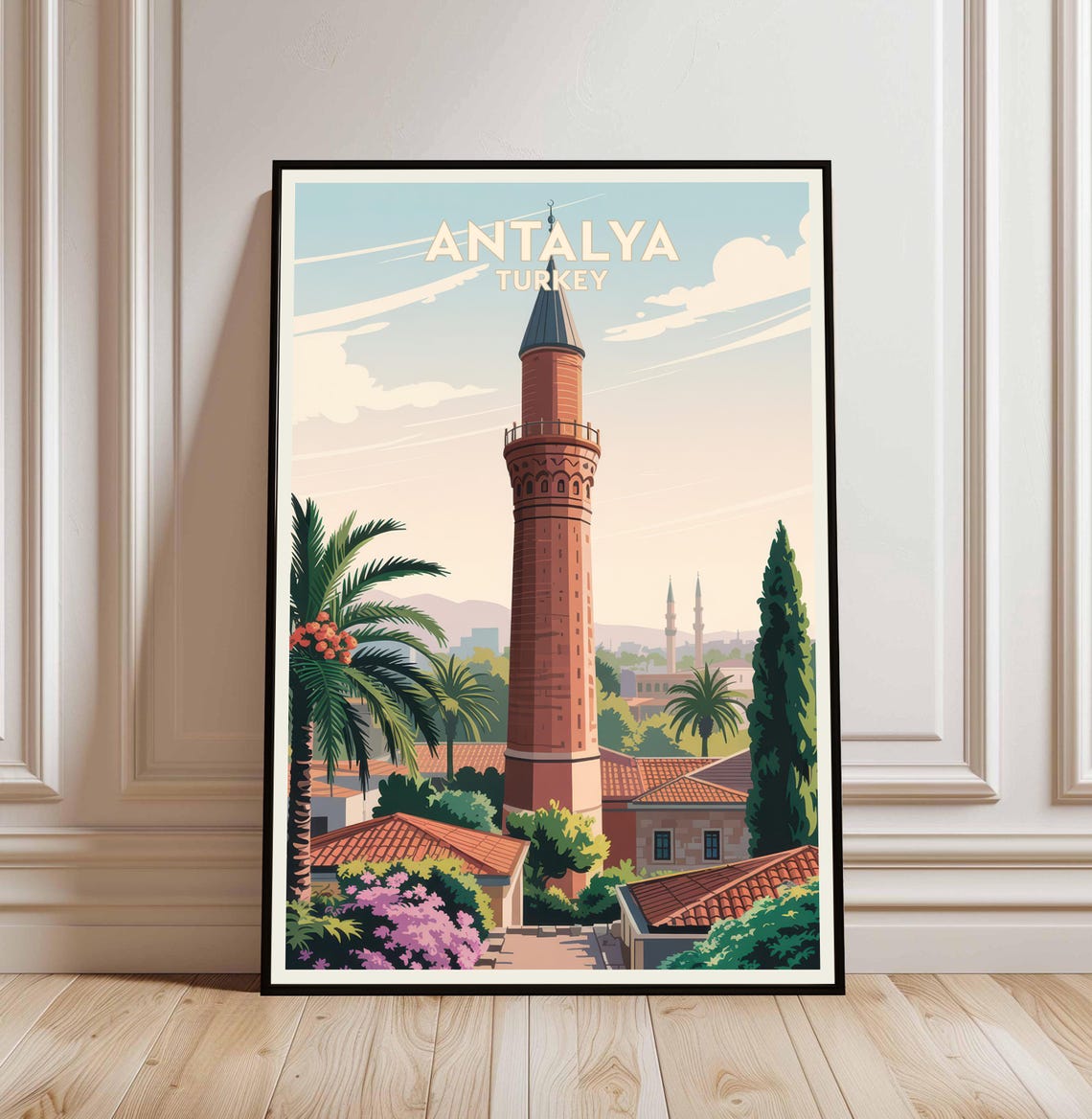 Antalya Turkey Historic Minaret Old Town Palm Trees Travel Poster