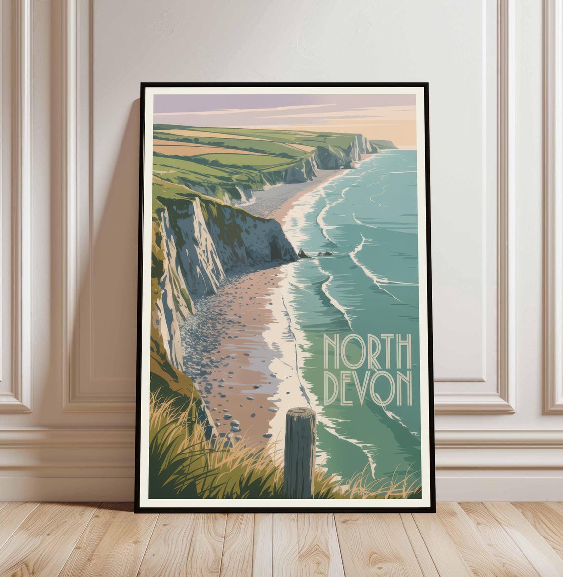 North Devon Coast Cliffs Pebble Beach Vintage Travel Art Poster