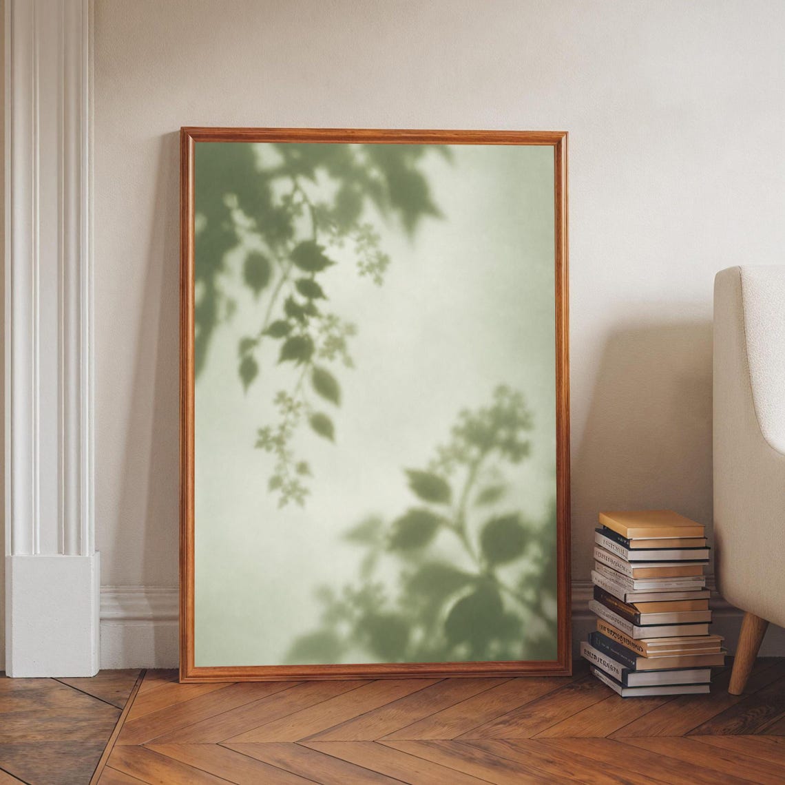 Botanical Shadow Print Sage Green Wall Art Blurred Leaves And Flowers Diagonal Light Streak