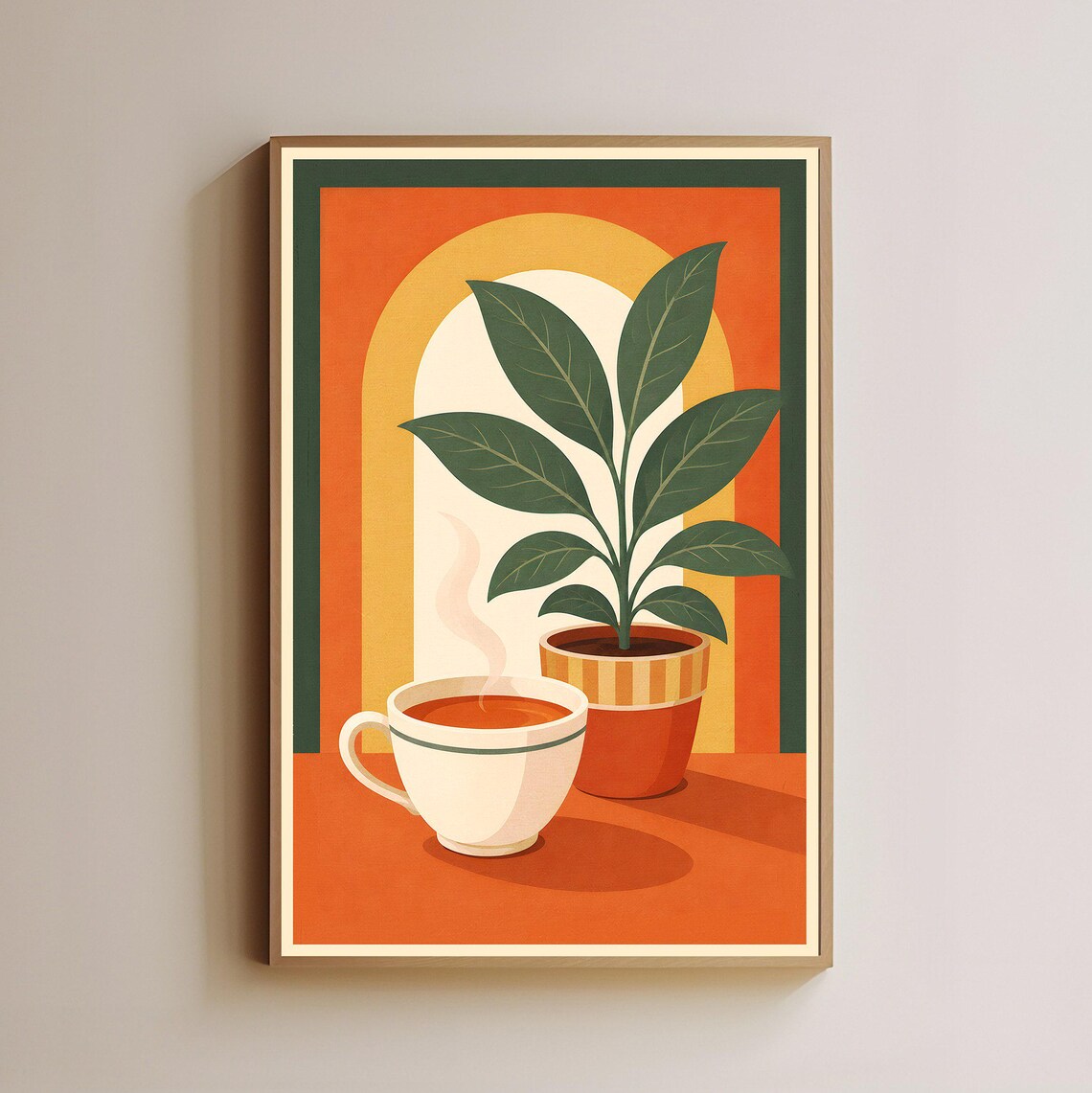 Retro Coffee Cup Potted Plant Warm Orange Arch Kitchen Cafe Wall Poster