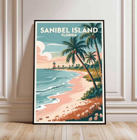 Sanibel Island Travel Poster Florida Beach Art Print Scenic Tropical Decor Wall