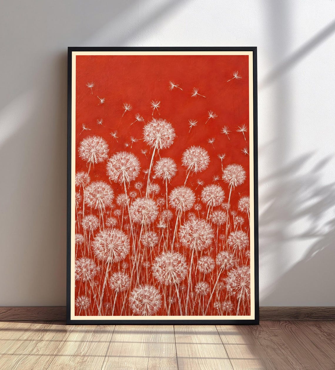 White Dandelions Red Textured Background Dramatic Floral Poster