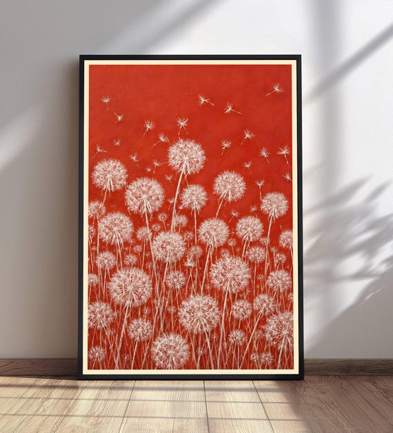 Dandelion Wall Art Blowing Seeds Print Red Textured Background Botanical Nature Decor