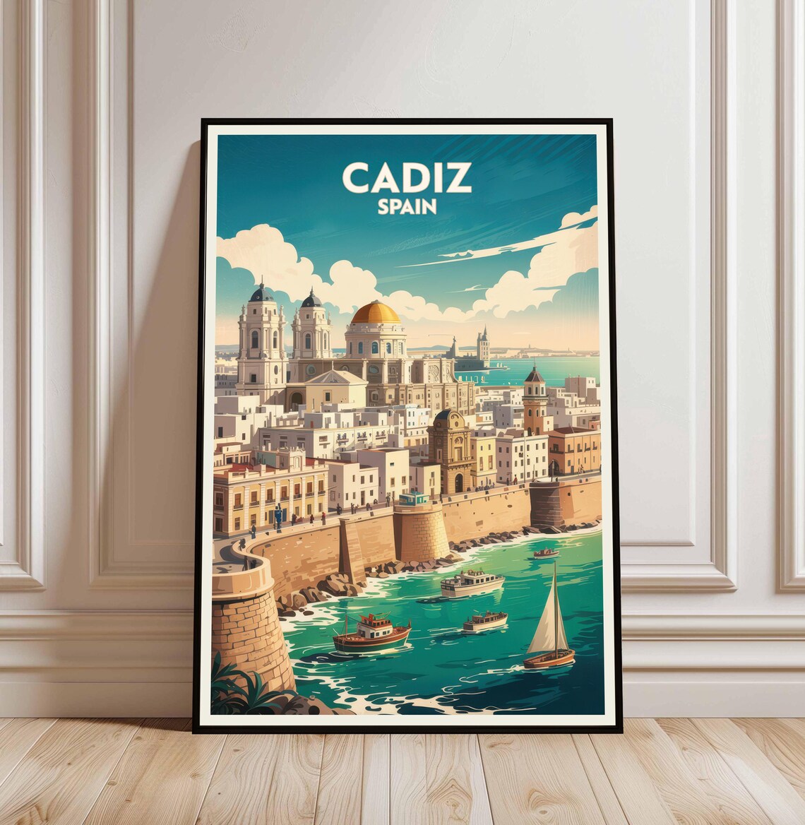 Cadiz Spain Waterfront Cathedral Harbor Boats Vintage Travel Poster