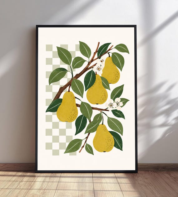 Pear Botanical Wall Art Vintage Fruit Print Kitchen Decor Cottagecore Illustration