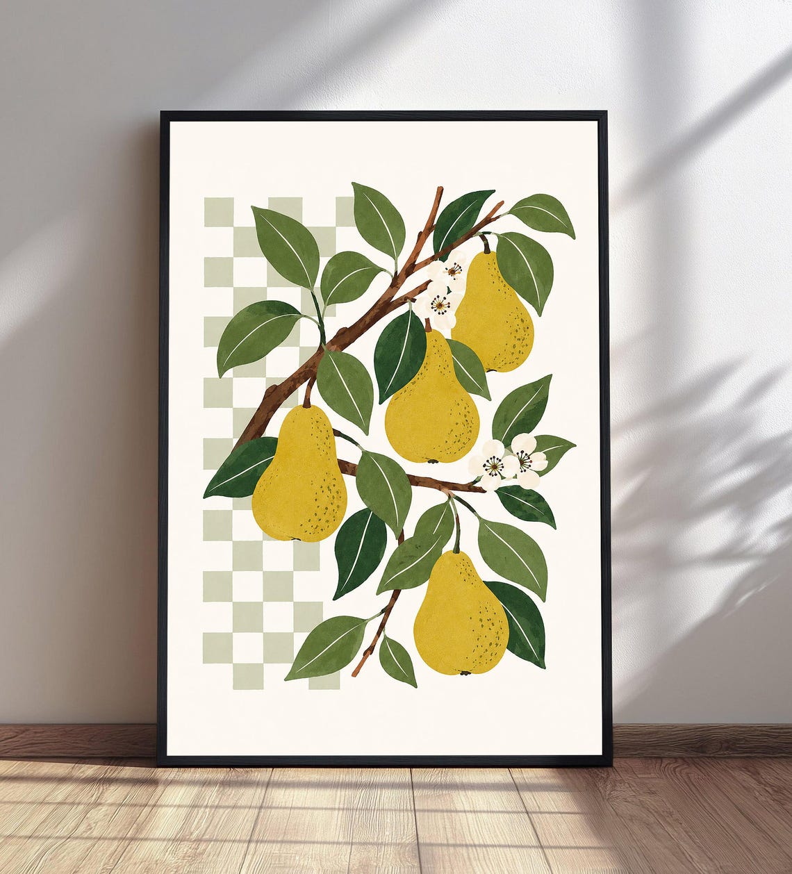 Yellow Pears on Branch Blossoms Botanical Kitchen Art Poster