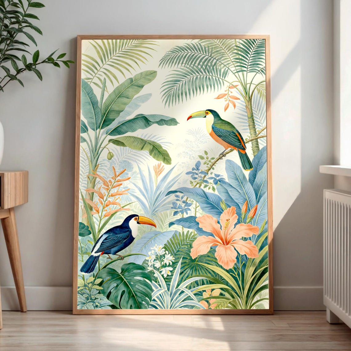 Two Toucans Vintage Botanical Tropical Jungle Foliage Hibiscus Poster