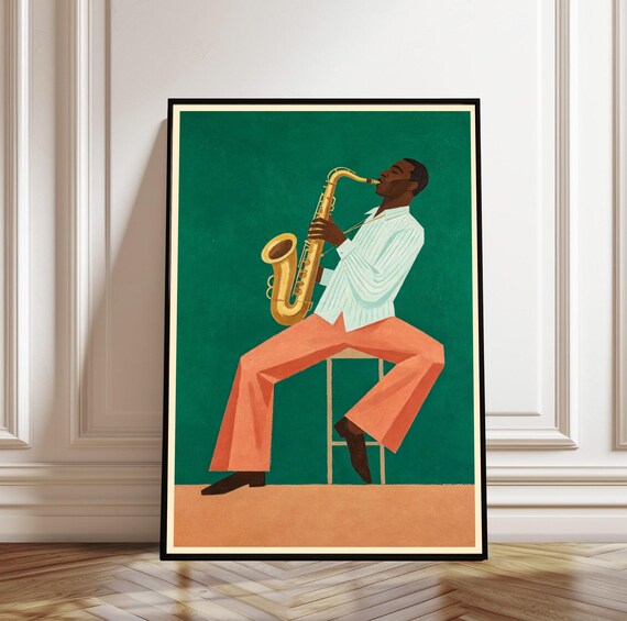 Jazz Saxophone Player Print Retro Musician Wall Art Mid Century Modern Decor Music Lover Gift